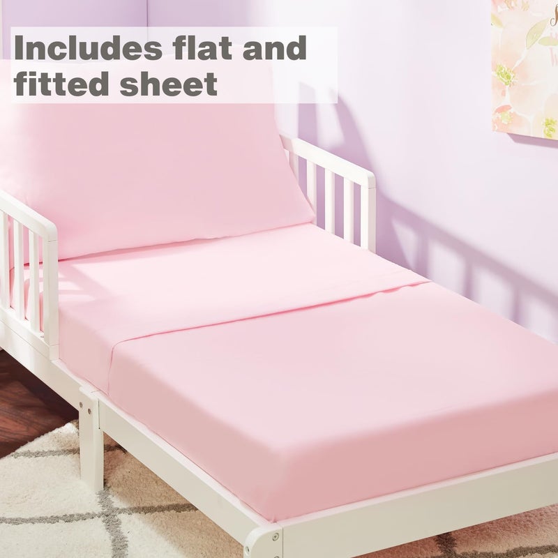 EVERYDAY KIDS 4 Piece Toddler Bedding Set - Includes Comforter, Flat Sheet, Fitted Sheet and Reversible Pillowcase - Solid Pink - Image 3